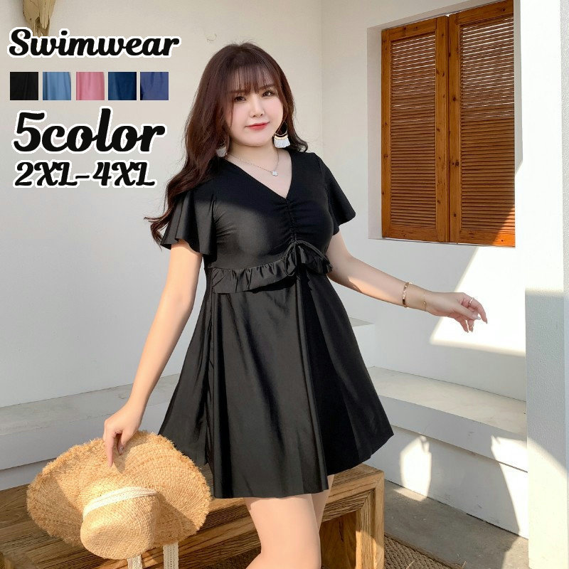 送料無料 水着 ワンピース スイムウェア 体形カバー レディース 女性 半袖 5分袖 袖あり Vネック フリル ギャザー Aライン 大きいサイ フレア シャーリング 露出少なめ ビーチファッション リゾート リボン かわいい 海 海水浴 おしゃれ プール