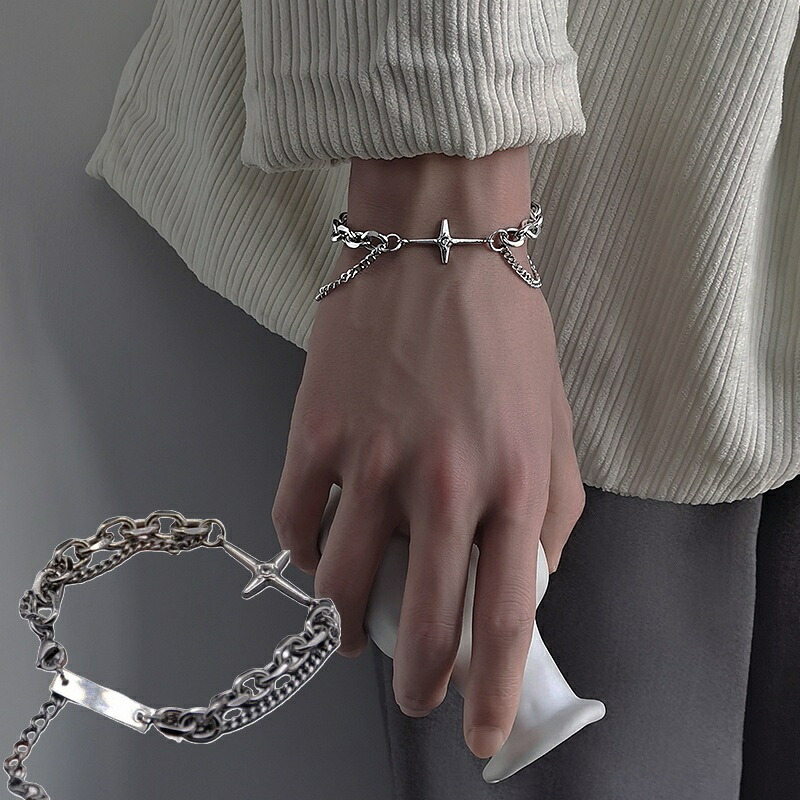 送料無料 ブレスレット メンズ アクセサリー チェーン 2連風 クロス おしゃれ クール かっこいい プレゼント ギフト 贈り物