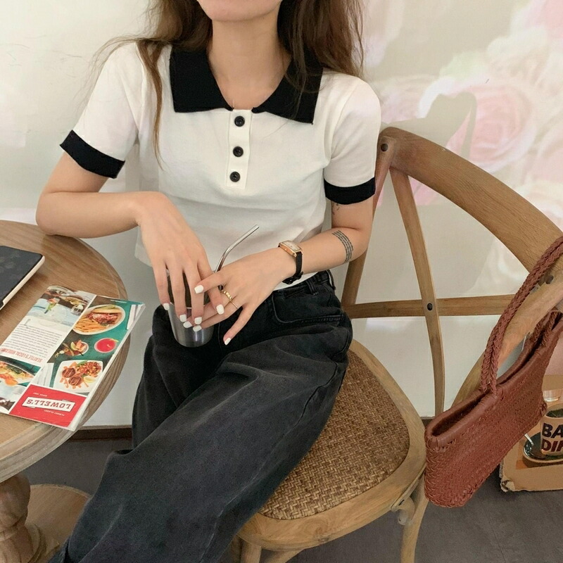 市場 送料無料 レディース へそ出し ショート丈 クロップド丈 半袖 女性 薄手 ポロネック ポロシャツ トップス ニット 肌見せ 襟付き