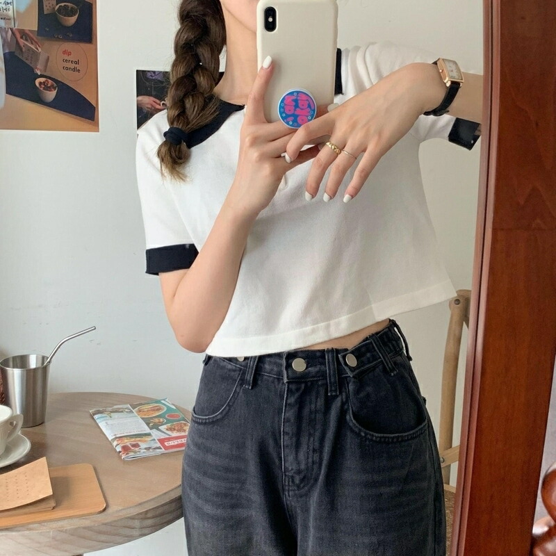 送料無料 ポロシャツ 女性 ニット 肌見せ クロップド丈 へそ出し 薄手 トップス ショート丈 レディース ポロネック 襟付き 半袖