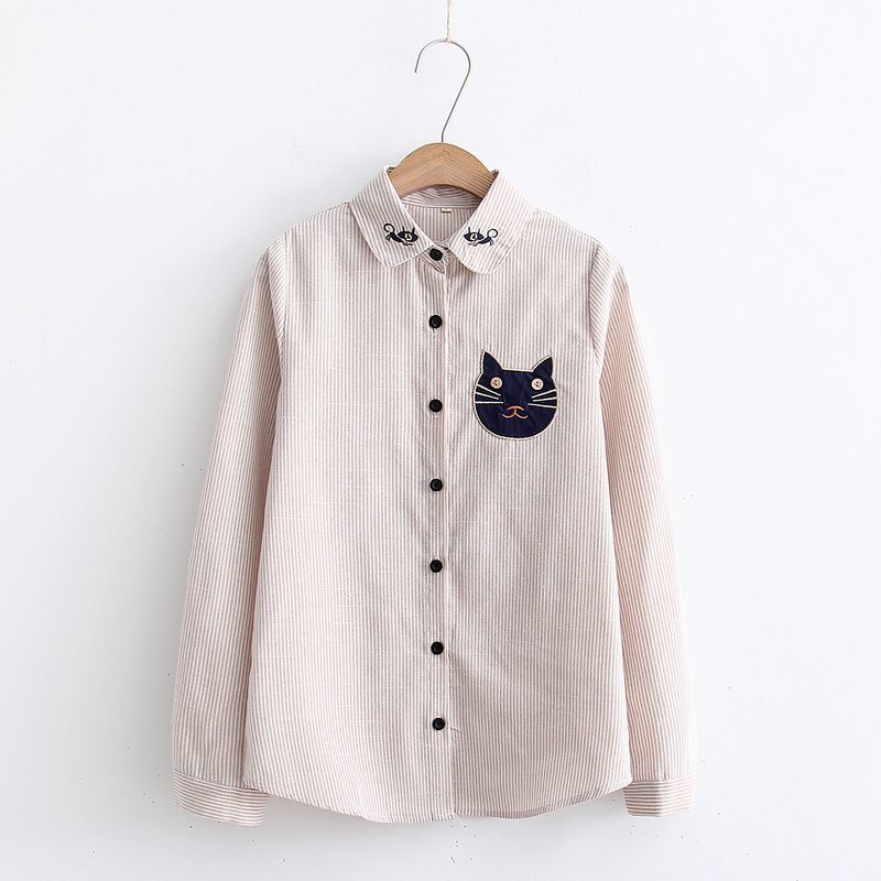 最高 ゆったり ラウンドカラー 猫 送料無料 ブラウス 刺繍 可愛い シャツ ストライプ柄 丸襟 前開き カジュアル 大きいサイズ レディース 長袖  トップス