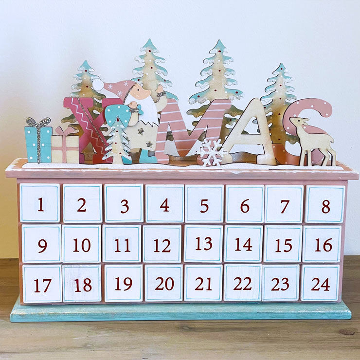 クリスマスカウントダウンカー ピンク｜スノーマンとクマの木製アドベントカレンダー クリスマスカウントダウンカー ピンク｜スノーマンとクマの木製