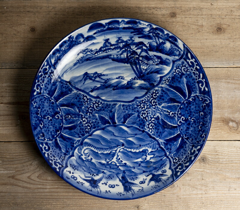 楽天市場】骨董○古伊万里染付鶴亀文四角皿○W36.5cm大型皿