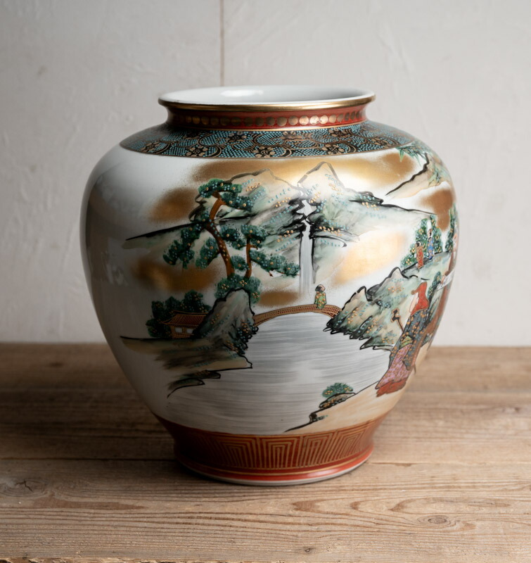 骨董○九谷焼色絵竹林賢人文花瓶○松鶴 /作 | 共箱 | 大型 / W30cm | 昭和-20世紀頃 | 磁器 | 花器 / 壺 / 飾り【古美術】【骨董】【中古】【3,980円以上で送料無料】【三浦古美術WEB】2402