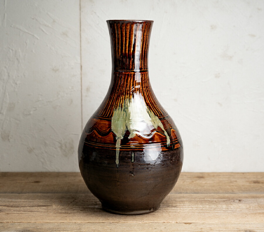 骨董○小鹿田焼飴釉大花瓶○H37.6cm / 刷毛目 / 掛け釉 | 20世紀頃 | 二彩流し掛け | 陶器 | 花器 / 飾り【古美術】【骨董】【中古】【3,980円以上で送料無料】【三浦古美術WEB】2505