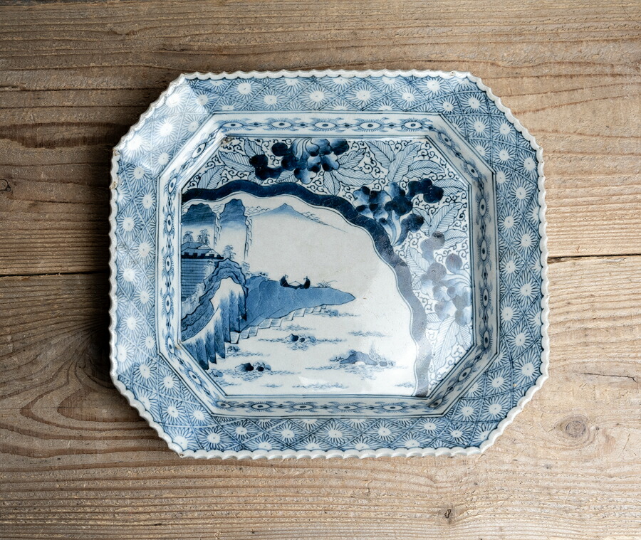 骨董○古伊万里染付山水図変形イゲ皿○ W28.5cm | 江戸後期-19世紀頃 | アンティーク/ antique / kotto / こっとう【古美術】【骨董】【中古】【3,980円以上で送料無料】【三浦古美術WEB】2508｜三浦古美術ＷＥＢ