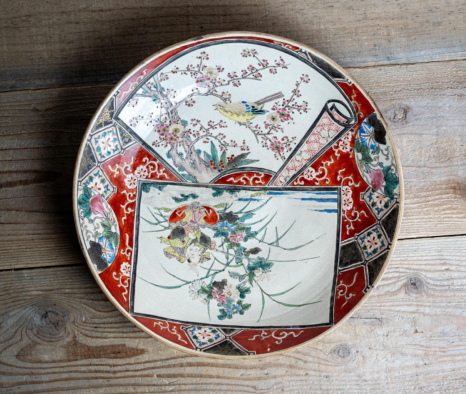 骨董○九谷焼色絵恵比寿文大皿○窓絵皿 / 扇面花鳥図 / 梅にウグイス | 江戸後期-19世紀頃 | アンティーク/ antique / kotto / こっとう【古美術】【骨董】【中古】【3,980円以上で送料無料】【三浦古美術WEB】2512｜三浦古美術ＷＥＢ