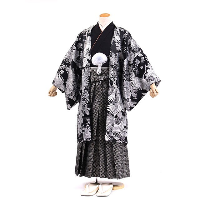 男紋付袴 羽織袴フルセットNo-61シルバー鶴打掛・着物袴セット175cm