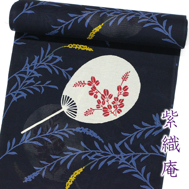 【大正友禅ゆかた】紫織庵　綿絽浴衣地/反物 【ポイント10倍】【送料無料】 紫織庵-綿絽地浴衣 　紺地　赤マンマに団扇