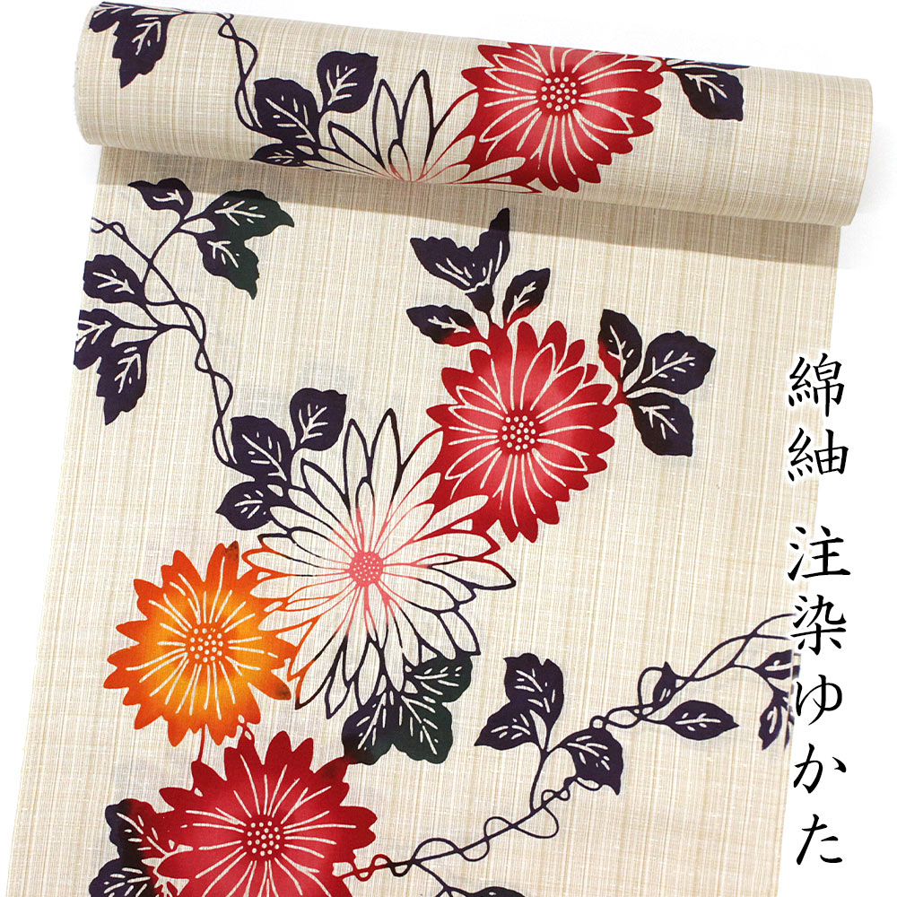 【綿紬 注染ゆかた】ゆかた布切れ 赤系/菊【尖んがり10倍】【貨物輸送無料】