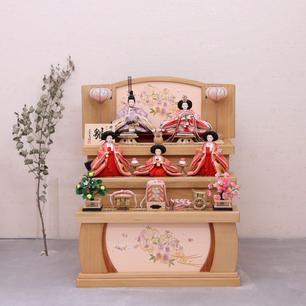 雛人形 ひな人形 コンパクト 木目 三段飾り 収納タイプ 宴桜 芥子親王小芥子三人官女 三段収納飾り 五人飾り 木製三段飾り 収納型 ピンク 紫 ベージュ 限定 オリジナル おしゃれ かわいい インテリア 初節句 お祝い 桃の節句