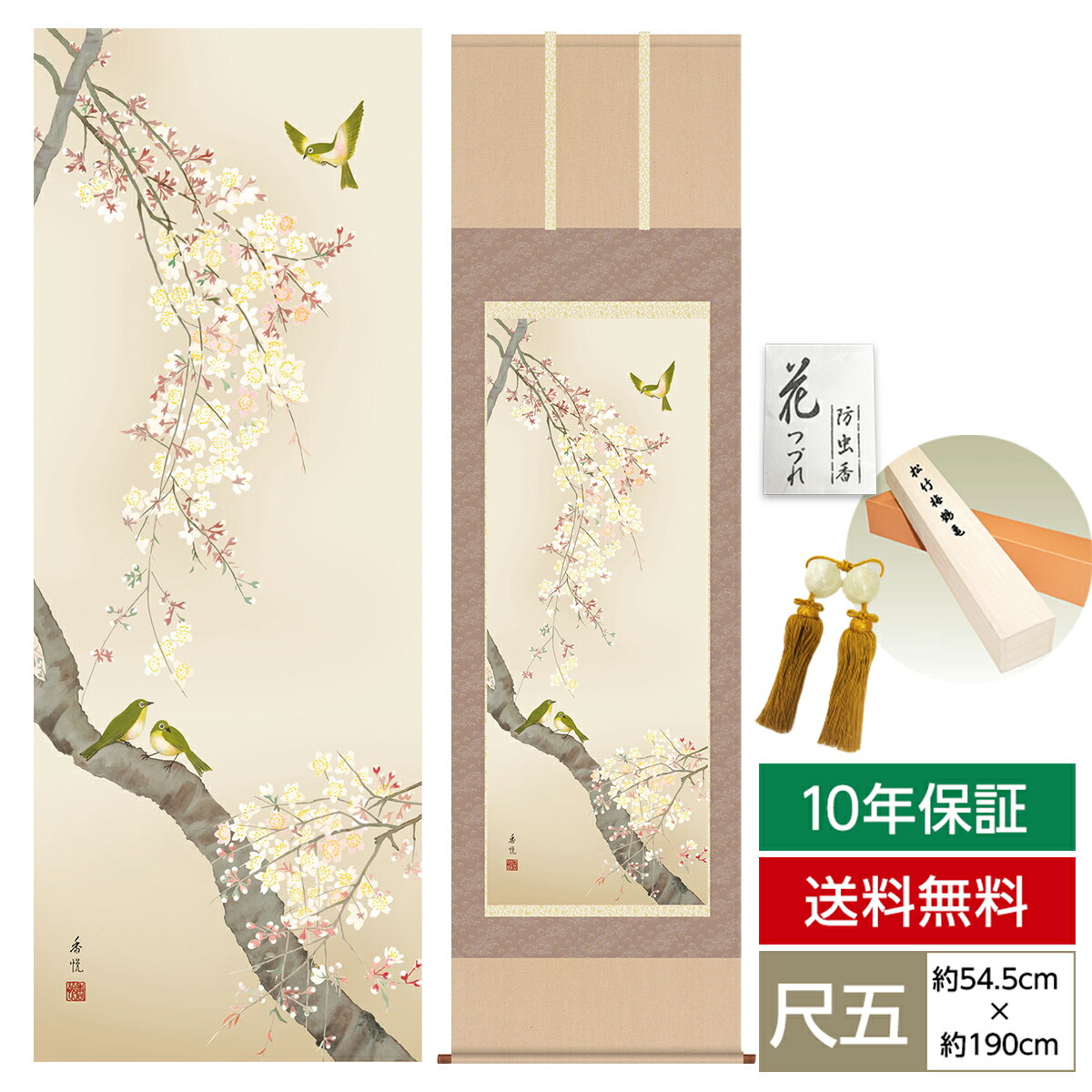 掛け軸 掛軸 床の間 モダン 和風 尺五 花鳥掛軸 春掛 桜花 西尾 香悦 三美会 約54.5cm 190cm 洛彩緞子本表装 筋廻仕様 10年間保証 収納箱 防虫香 風鎮 付き 父の日 敬老の日 プレゼント巨匠 複製画 タペストリー かわいい おしゃれ