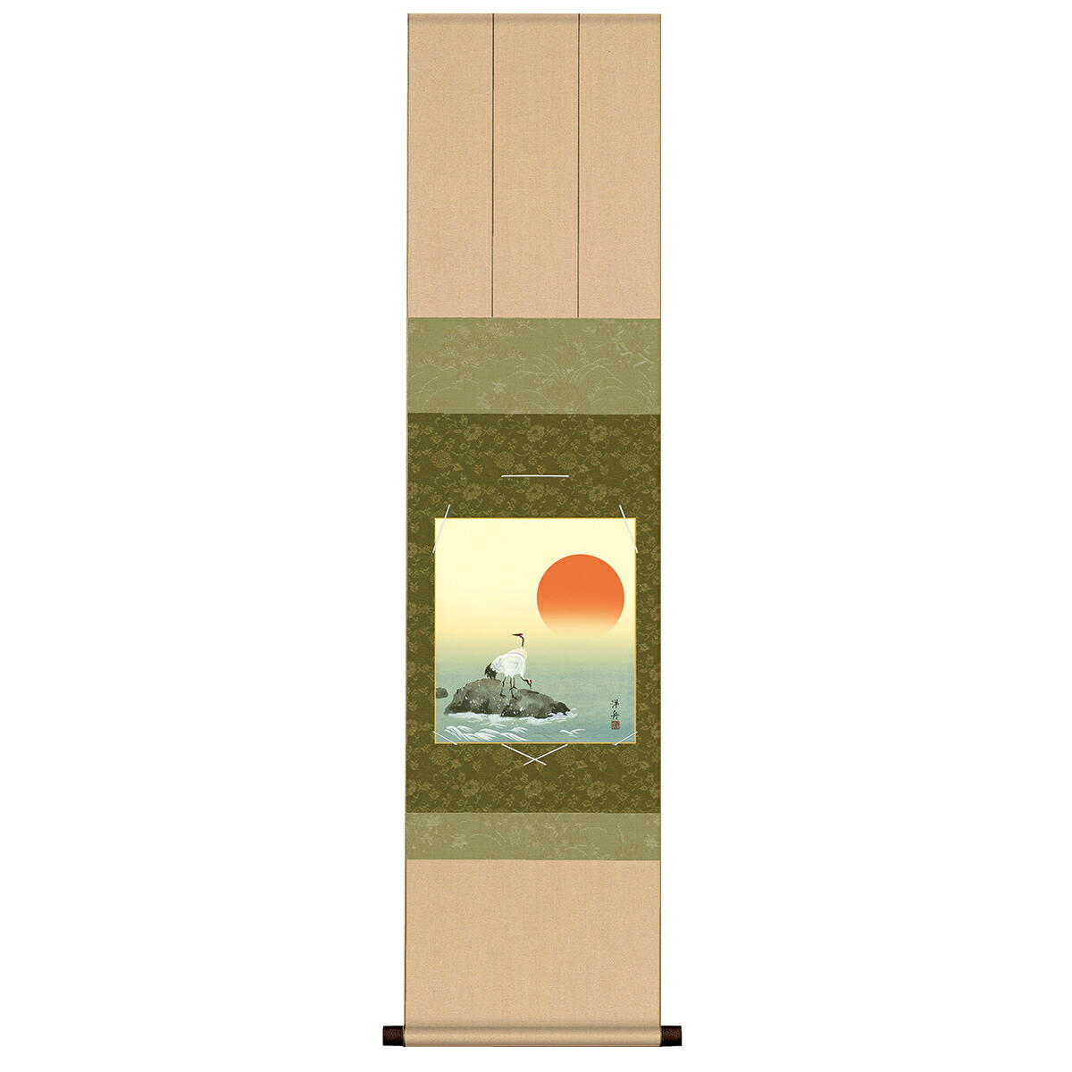 掛け軸 掛軸 床の間 モダン 和風 慶祝縁起画 色紙掛 衣笠緞子 色紙セット 旭日双鶴 慶賀 小野洋舟 サイズ幅31cm 高さ125cm 表装洛彩緞子 綿支那パー 手彩特色工芸色紙付き 父の日 母の日 敬老の日 プレゼント 贈り物巨匠