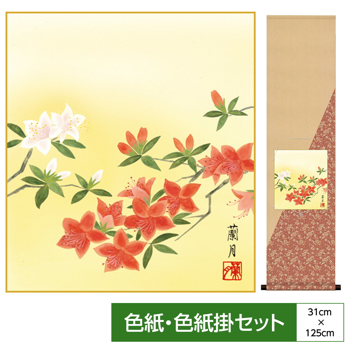 掛け軸 掛軸 床の間 モダン 和風 色紙 色紙掛 セット 花鳥山水画 衣笠緞子 つつじ 吉井蘭月 サイズ幅31cm 高さ125cm 表装洛彩緞子 綿支那パー 手彩特色工芸色紙付き 父の日 母の日 敬老の日 プレゼント 贈り物巨匠