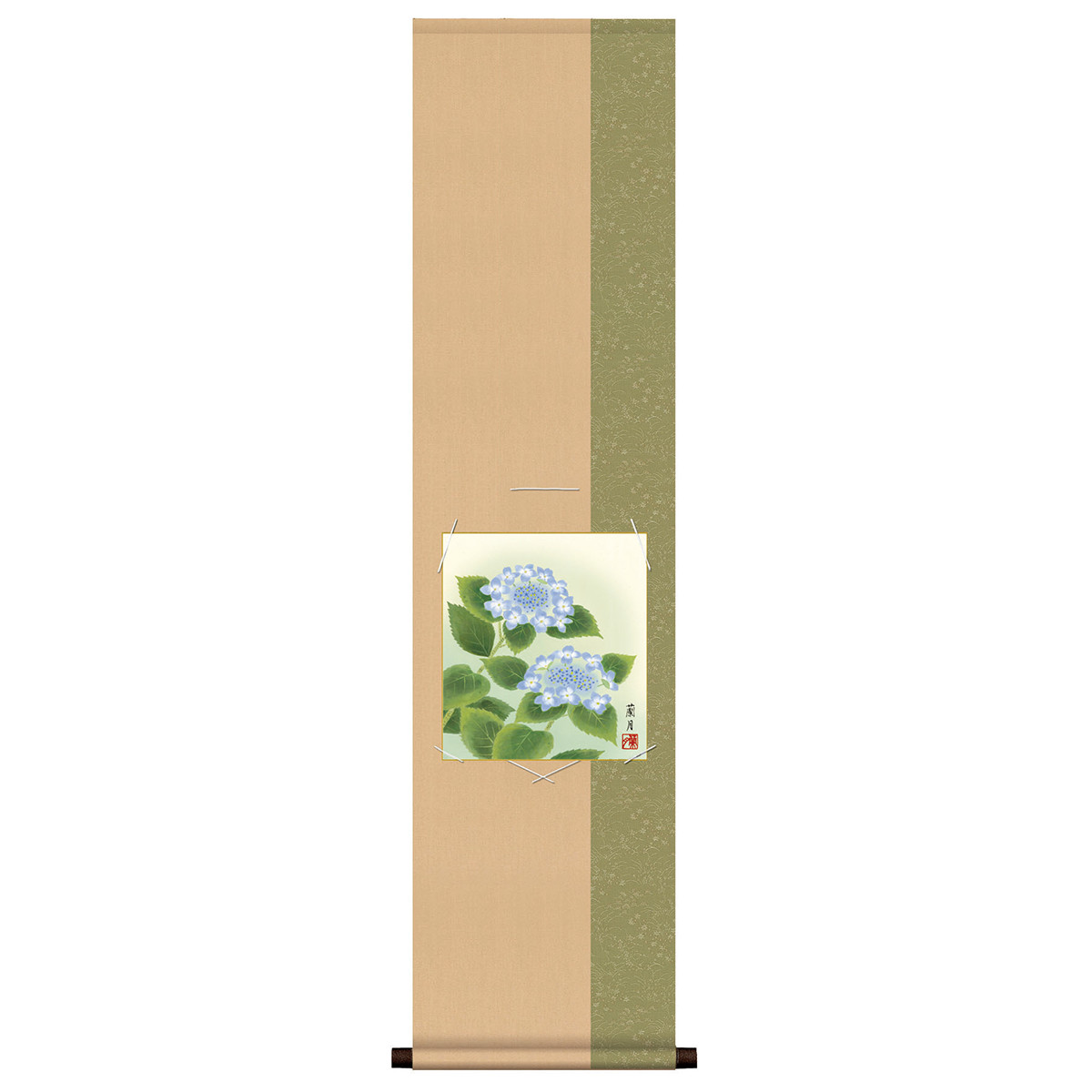 掛け軸 掛軸 床の間 モダン 和風 色紙 色紙掛 セット 花鳥山水画 衣笠緞子 紫陽花 吉井蘭月 サイズ幅31cm 高さ125cm 表装洛彩緞子 綿支那パー 手彩特色工芸色紙付き 父の日 母の日 敬老の日 プレゼント 贈り物巨匠