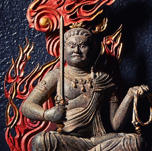 美品 掛け軸 松久宗琳原画 不動明王図 版画 厄除け 仏像】不動明王 - 総高30cm 原型・松久宗琳 蝋型 高岡銅器
