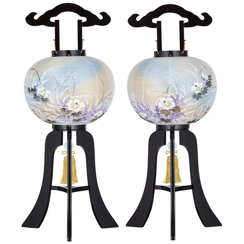 盆提燈 置き提燈 対柄行灯 楽々行灯 極太まっ黒 対柄 11号40W 絹二重絵 書き絵 藕ススキ 極太 楽々式 まっ黒突板材 盆提燈 今めかしい 盆提燈 パウダーコンパクト 盆提燈 ミニ