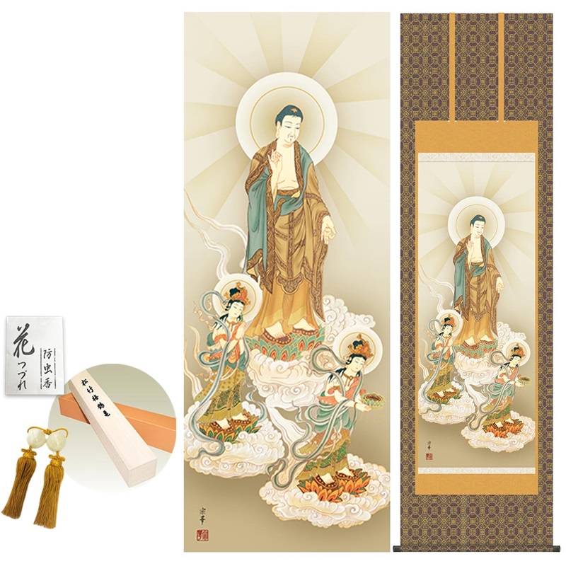 高い品質 掛軸 防虫香 収納箱 モダン 掛け軸 表装品質10年間保証 新絹本 幅54 5 高さ約190ｃｍ 金襴佛表装 大森宗華 阿弥陀三尊佛 モダン 床の間掛け軸 風鎮 日本の巨匠 複製画 掛軸 かわいい おしゃれ モダン 付き Www Dgb Gov Bf