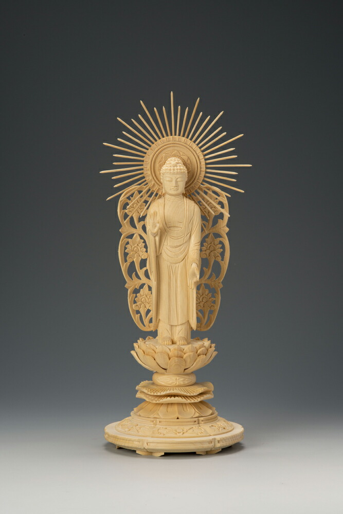 桧木上彫木瓜丸台 西型唐草光背立阿弥陀 3.5寸 35-5 仏像 木彫り 仏像 木彫 仏像フィギュア 仏像 オブジェ インテリア仏像 置き物 インテリアオブジェ 仏壇 仏具 仏壇・仏具・神具-仏具-日用品雑貨・文房具・手芸