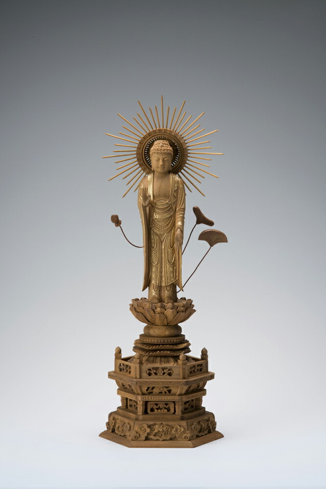 白檀六角台 東型光輪金泥付立阿弥陀 4.5寸 12-6 仏像 木彫り 仏像 木彫 仏像図形 仏像 オブジェ 室内装飾仏像 飾りつけ 室内装飾オブジェ 仏壇 仏具