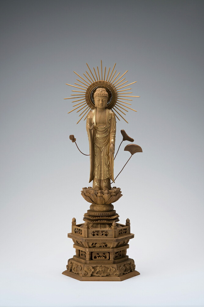 白檀六角台 東型光輪金泥付立阿弥陀 5.0寸 12-6 仏像 木彫り 仏像 木彫 仏像図形 仏像 オブジェ 室内装飾仏像 飾りつけ 室内装飾オブジェ 仏壇 仏具