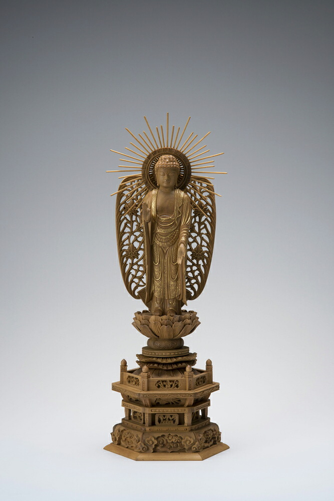 白檀六角台 西型唐草光輪金泥付立阿弥陀 4.0寸 12-5 仏像 木彫り 仏像 木彫 仏像図形 仏像 オブジェ 室内装飾仏像 飾りつけ 室内装飾オブジェ 仏壇 仏具