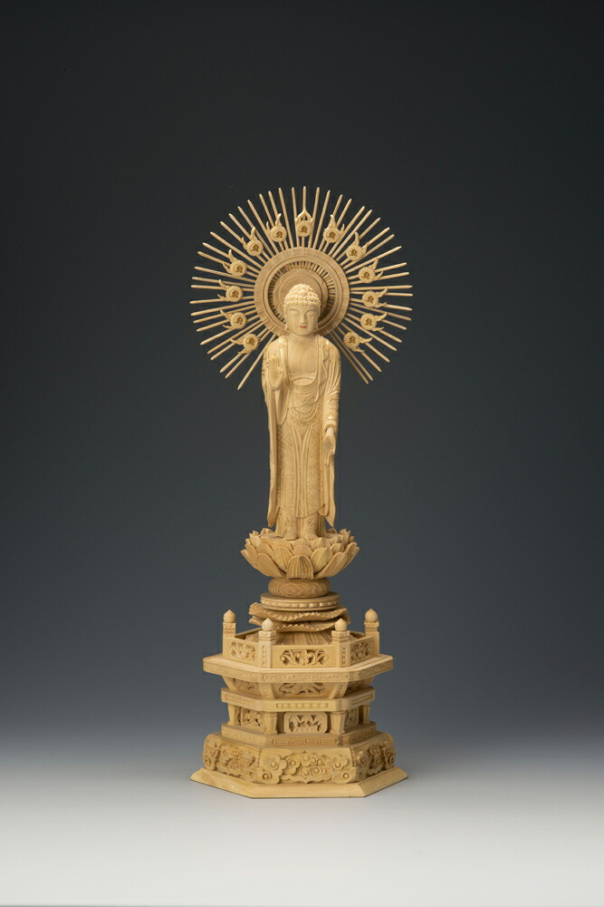本柘植六角台 高田派金泥付立阿弥陀 5.0寸 22-6 仏像 木彫り 仏像 木彫 仏像図形 仏像 オブジェ 室内装飾仏像 飾りもの 室内装飾オブジェ 仏壇 仏具