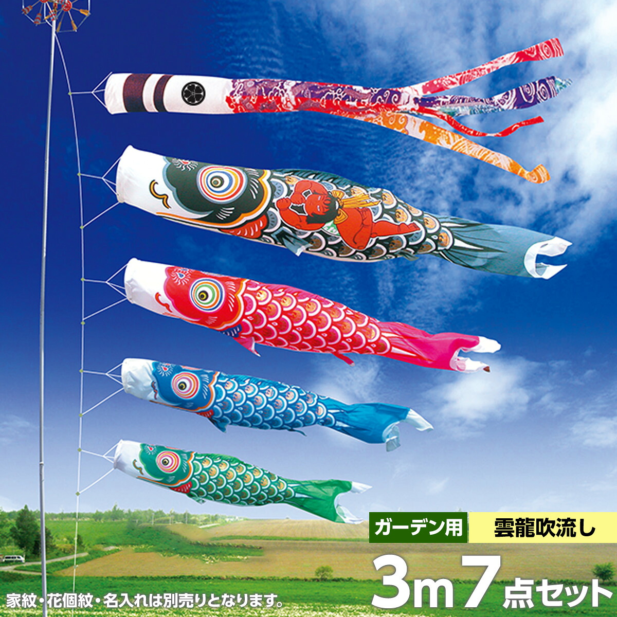 こいのぼり 庭 庭園用 徳永 家紋 名前入可能 矢車 ポール付 3m7点セット 錦龍鯉 庭園用ガーデンセット ガーデン用 杭打ち込みタイプ 金太郎付き黒鯉ナイロンタフタ生地 鯉のぼり オシャレ