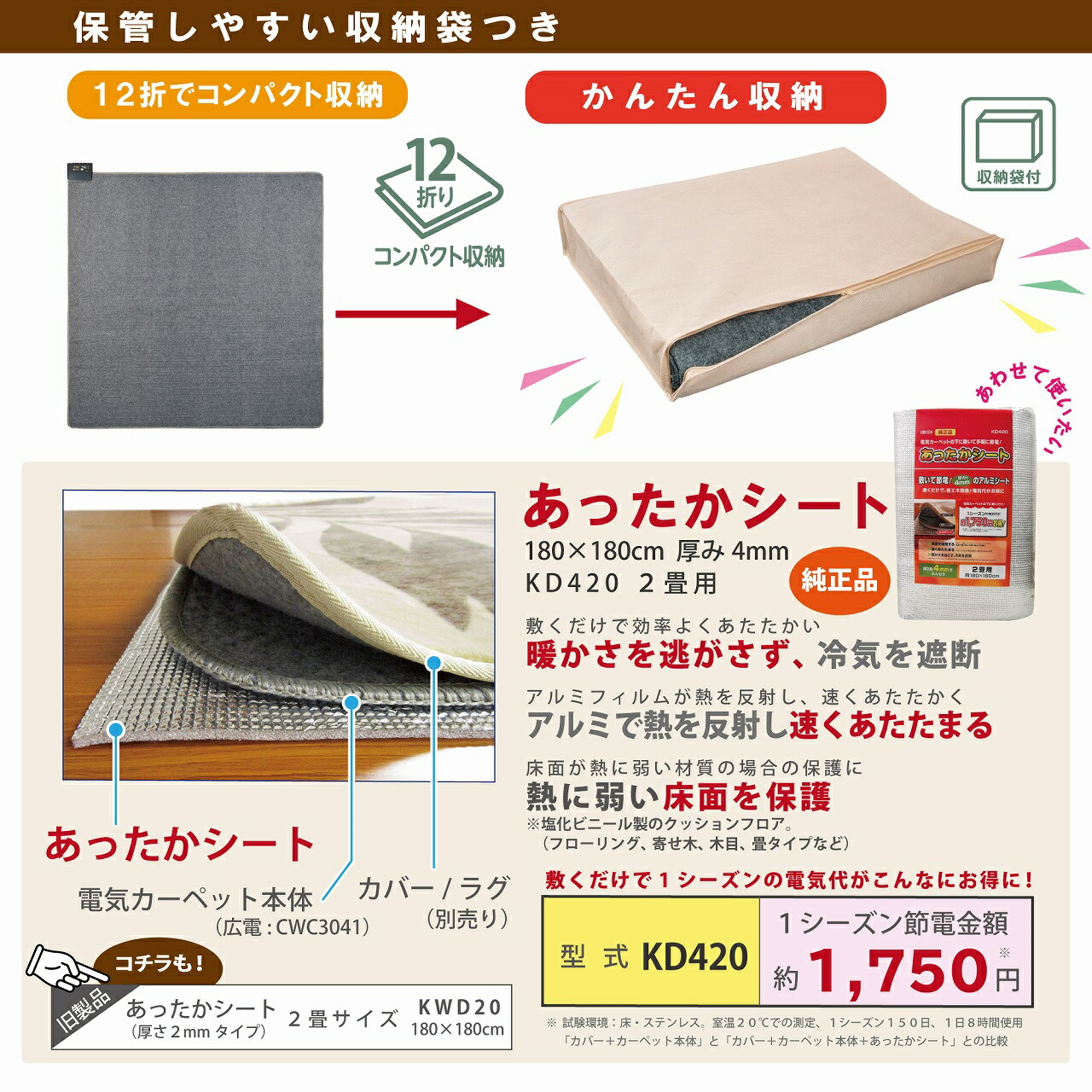 楽天市場 広電 Koden ホットカーペット 2畳 本体 4層構造 グレー 即暖 省エネ 8hoff 面切換 スライド温度調節 収納上手 収納袋付き 176 176cm Cwc41 広電くらし快適館