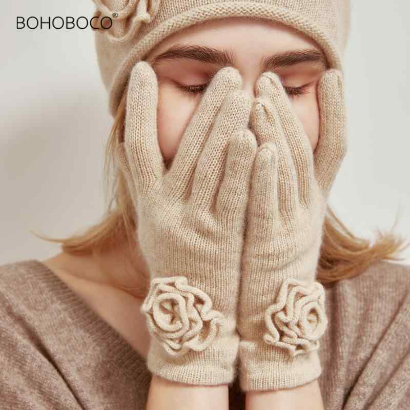 女性 カシミヤ 手袋 ベージュ ブラウン ワインレッド ピンク グレー ブラック 秋 冬 暖かい 手編み風 ローズ 薔薇 花 フラワー ニット ウール レディース グローブ ギフト プレゼント 定番 トレンド 流行 大人 きれいめ 上品 高級感 お出かけ