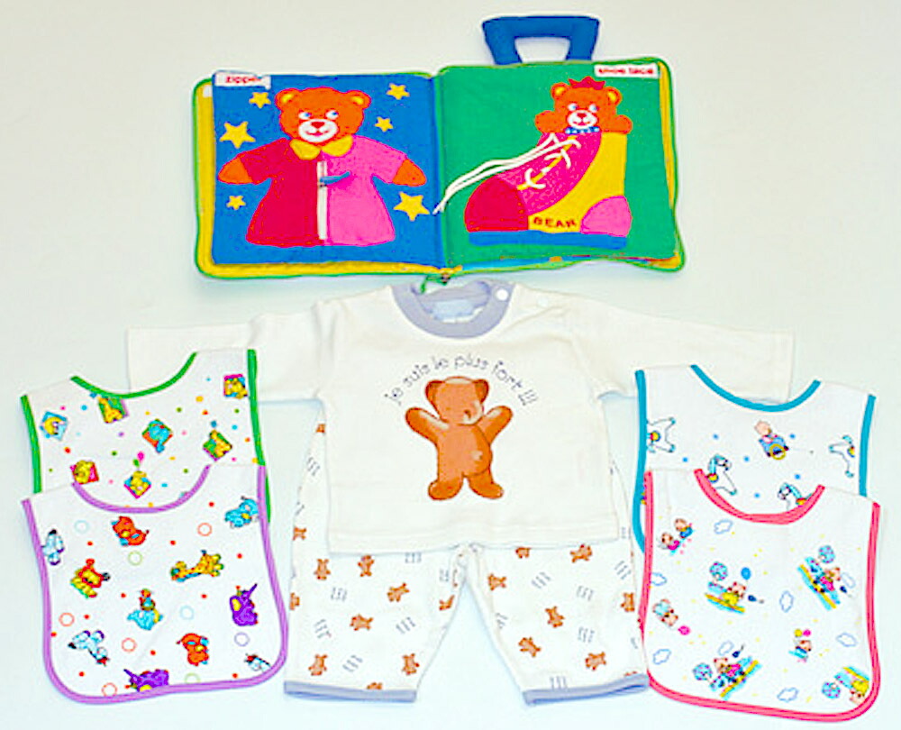 布絵本 dress up bear Book英語版 &Ｔシャツ&パンツセット ベア長袖&長パンツ6M &おまけ付きベルクロビブ カラフルアニマル柄4枚 ベアズキュートギフトセット 選んで!!無料ギフトラッピング!!