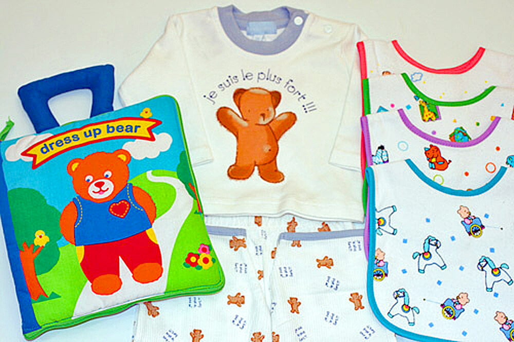 布絵本 dress up bear Book英語版 &Ｔシャツ&パンツセット ベア長袖&長パンツ12M &おまけ付きベルクロビブ カラフルアニマル柄4枚 ベアズキュートギフトセット 選んで!!無料ギフトラッピング!!