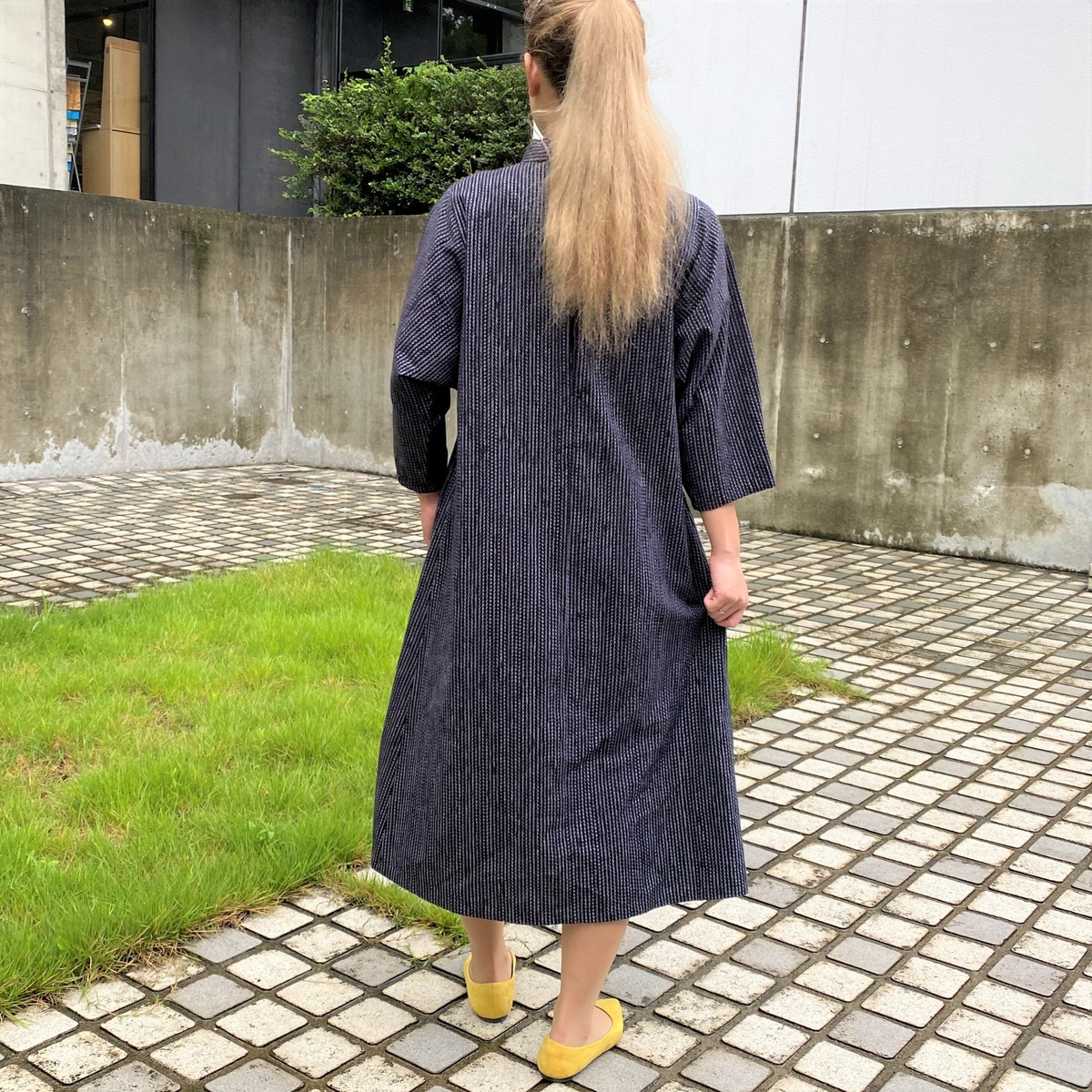 楽天市場 儀右ヱ門 久留米絣ワンピース 上品ミセスレディース綿１００ ロングフレア和風和柄綺麗可愛い縞文人ストライプフリル日本製オカモト商店ギエモン 古布と藍染めこっとんコットン