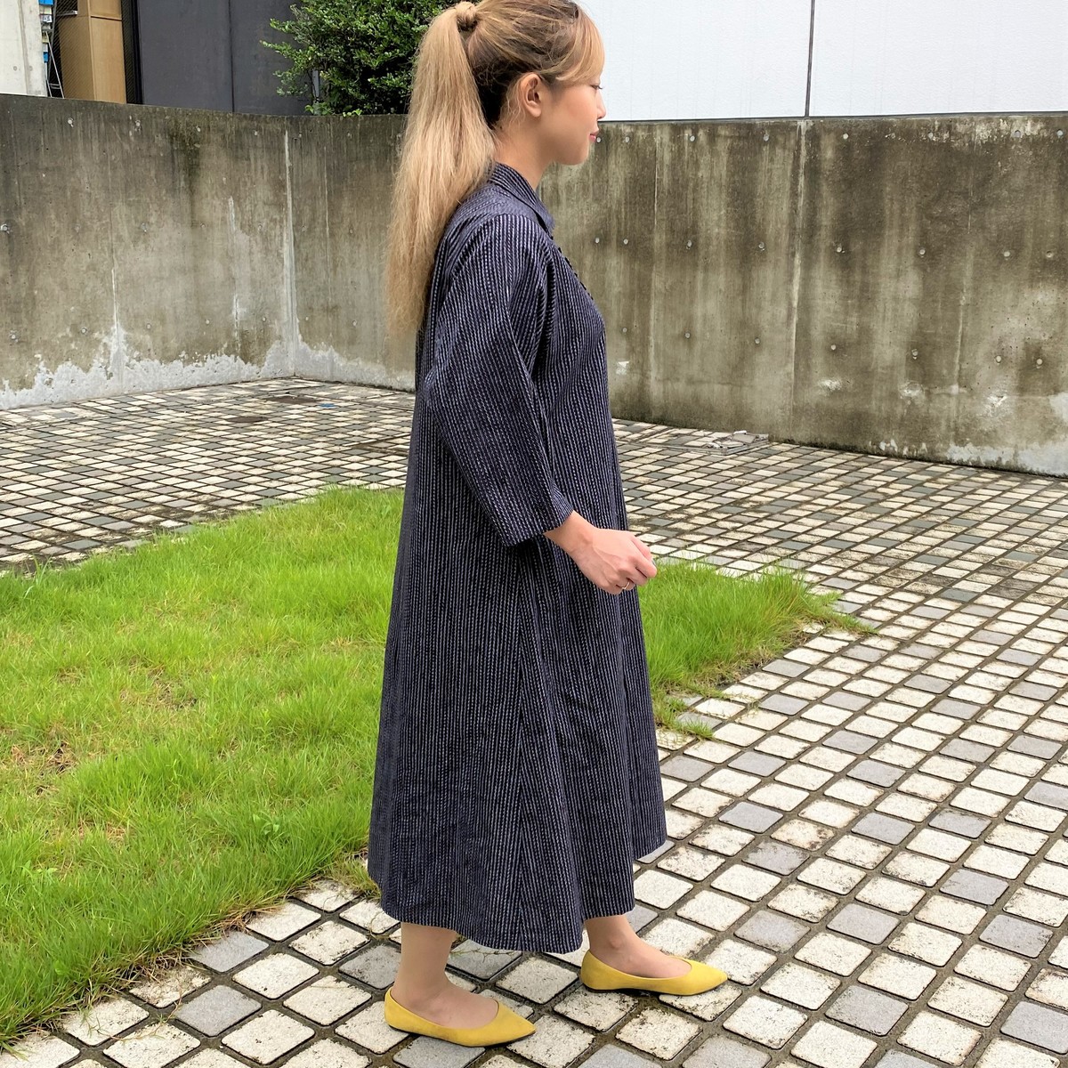 楽天市場 儀右ヱ門 久留米絣ワンピース 上品ミセスレディース綿１００ ロングフレア和風和柄綺麗可愛い縞文人ストライプフリル日本製オカモト商店ギエモン 古布と藍染めこっとんコットン