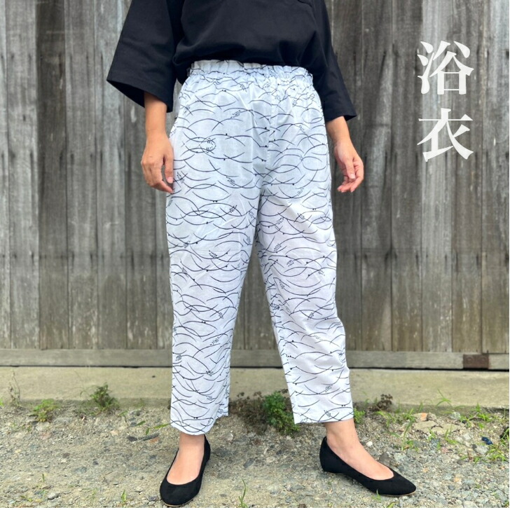 浴衣もんぺパンツ【紺】藍 流水 桜 ワイドパンツ 着物リメイク
