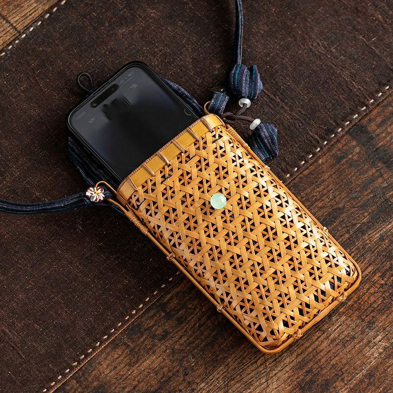 手作り竹編みスマホポーチ｜籠 かご 御徒面子 細工人手作 気どらずに原材料 ショルダーバッグ スマホバッグ ミニ合切袋 竹編み合切袋 涼しげで自己同一性的な夏のミニ御徒面子 御手々御手伝いさん 軽さ・思わしい・助けになる！ レディースバッグ-バッグ・小物・ブランド雑貨