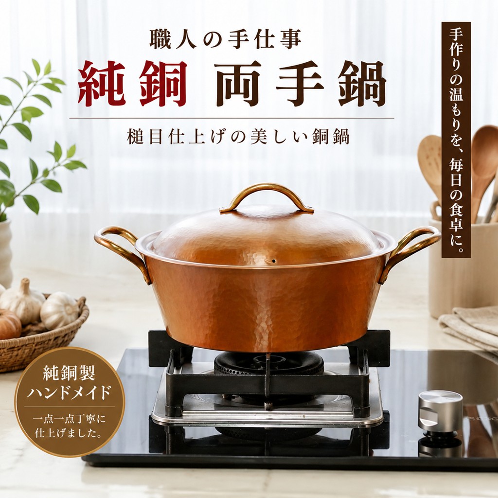 純銅 両手鍋 24cm 蓋付き 手作り ハンドメイド 槌目仕上げ 銅製 両手なべ 深型 調理鍋 煮込み鍋 スープ鍋 卓上鍋 キッチン用品|幸福の家 店