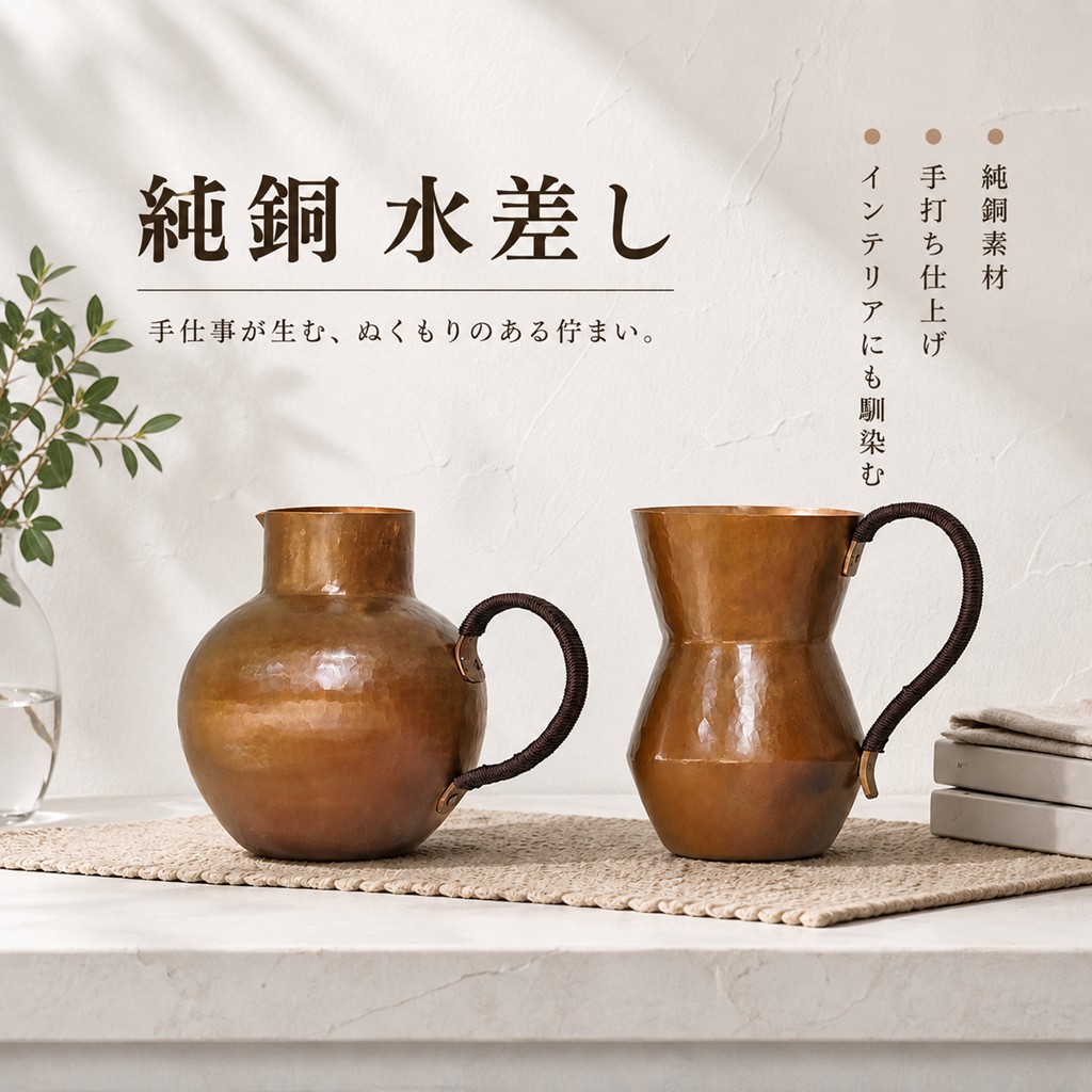 ハンドメイド 手作り 純銅 水差し 銅製ポット ウォーターピッチャー 銅製 水差しポット おしゃれ 槌目加工 レトロ アンティーク風 キッチン雑貨 インテリア ギフト プレゼント｜幸福の家　店
