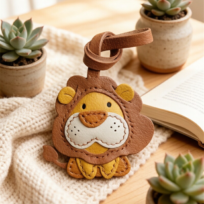 本革 ライオン バッグチャーム キーホルダー ハンドメイド かわいい 動物モチーフ レディース キーリングストラップ レザーチャーム 鞄アクセサリー ナチュラル ギフト