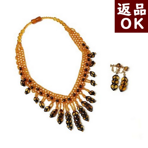 ＼4/15限定！全品P５倍＆最大20％OFFクーポン／琥珀 ネックレス イヤリング ピアス イエローアンバー ２点セット ビーズ 手編み バルト産 送料無料 琥珀屋　ハンドメイド 手作り パワーストーン 天然石 スクリューバック ギフト