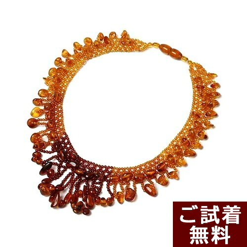 琥珀 ネックレス イエローアンバー ガラスビーズ 手編み バルト産 送料無料 琥珀屋　ハンドメイド 手作り パワーストーン 天然石 ギフト