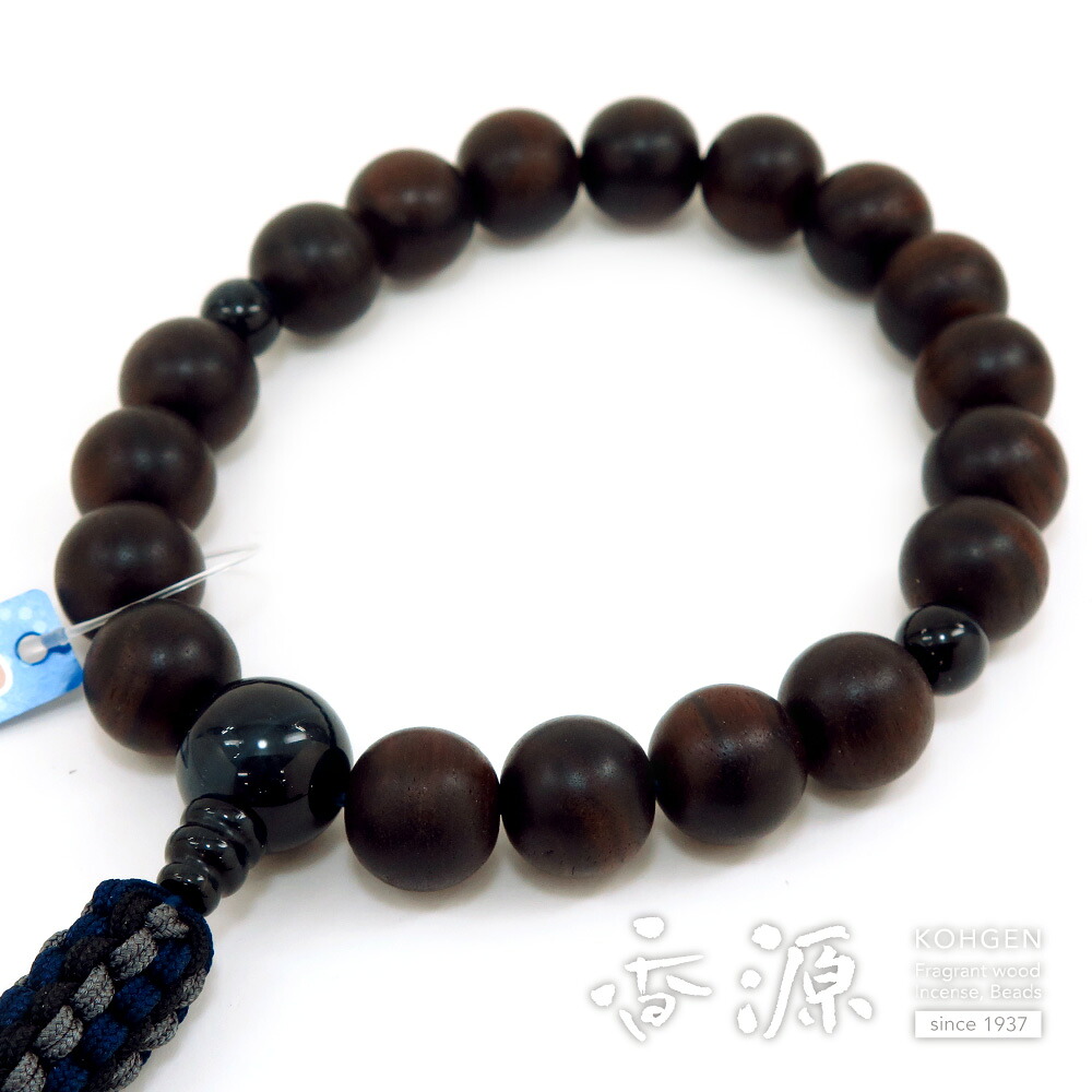 \お買い物マラソン★最大7%OFF★/男性用のお数珠 縞黒檀 18玉 青虎目石仕立て 紐房 浄土真宗用|お香・線香・香木の専門店 香源
