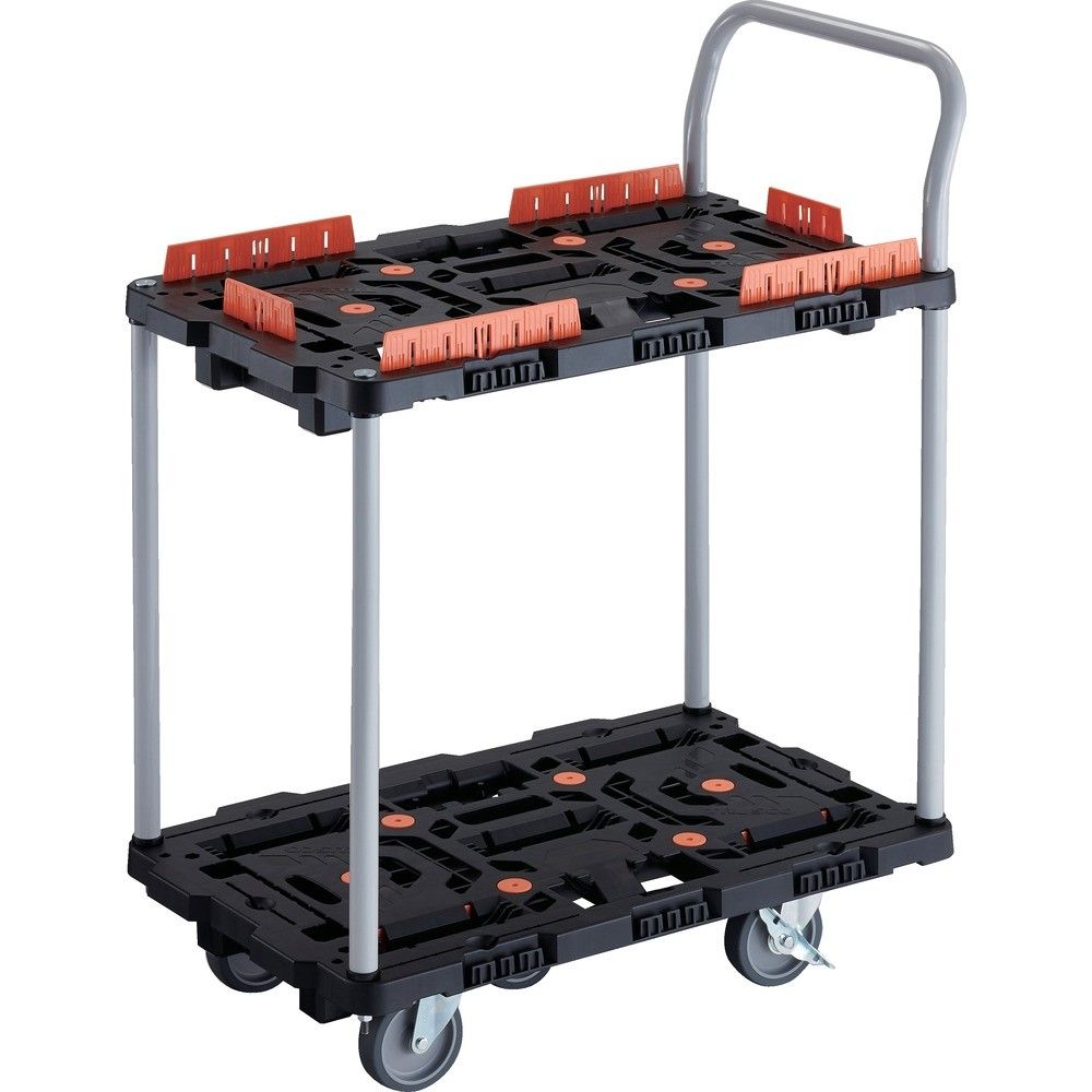 【メーカー直送T】 ＴＲＵＳＣＯ　連結式樹脂製２段台車　ビートル　７００Ｘ４５０　自在５輪　内２輪ストッパー付　コボレ止めセット　ハンドル付　BT724KJ5S2-E100｜コーナンｅショップ　店