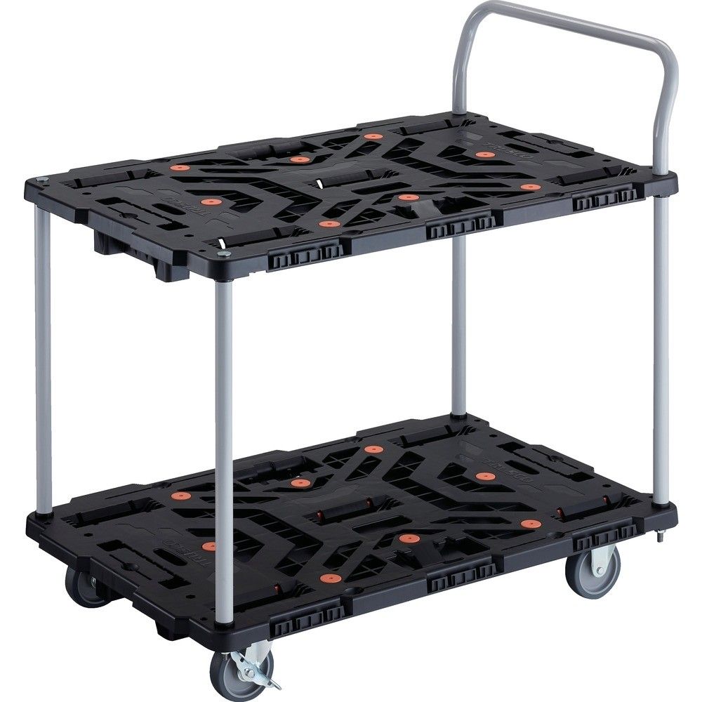 【メーカー直送T】 ＴＲＵＳＣＯ　連結式樹脂製２段台車　ビートル　９００Ｘ６００　自在３輪　内２輪ストッパー付　ハンドル付　BT924J3S2-E100｜コーナンｅショップ　店 18,517円