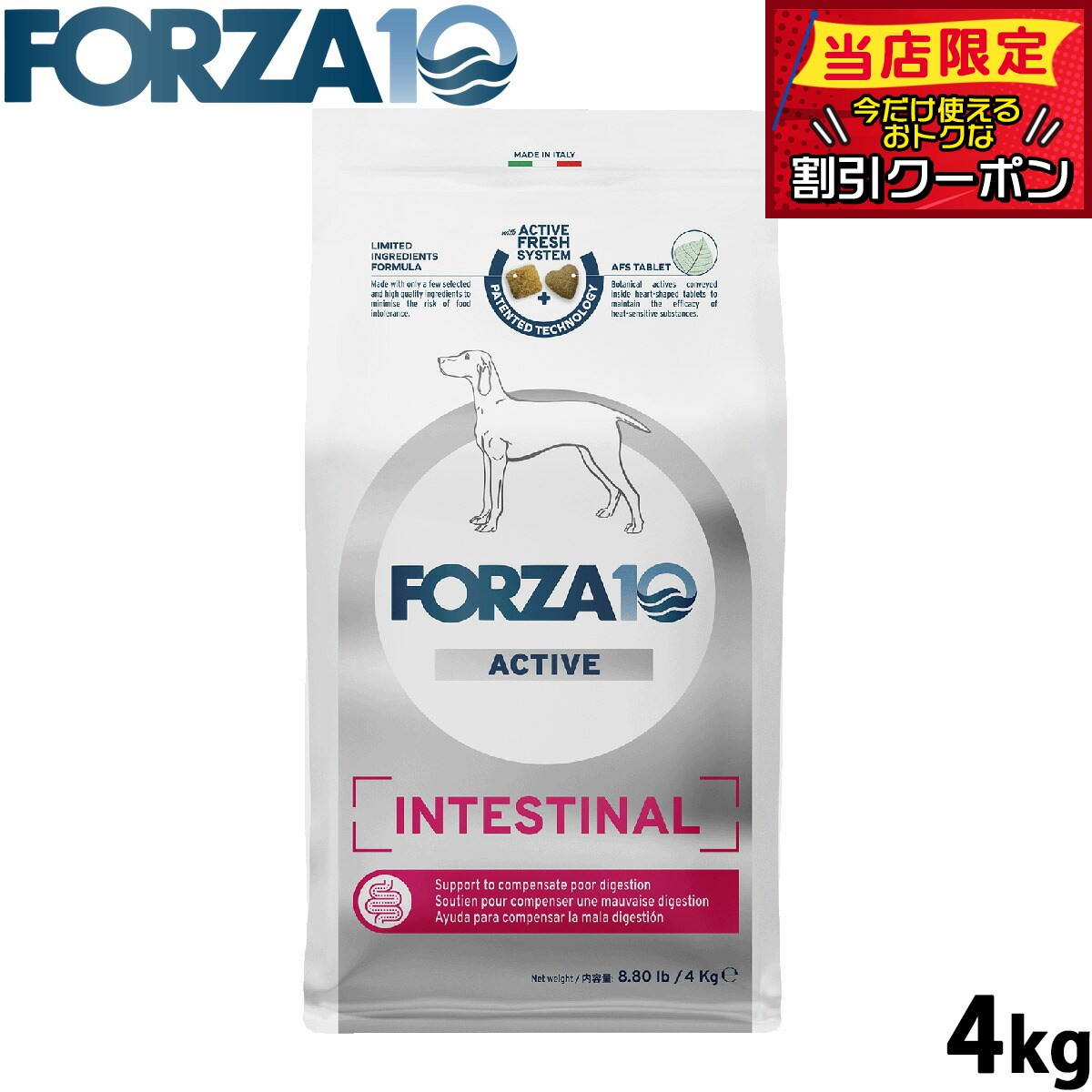 【店内ポイント最大39倍！本日限定！】フォルツァ10 Forza10 ドッグフード インテスティナルアクティブ ミディアム 胃腸ケア用食事療法食 4kg 無添加 成犬 高齢犬