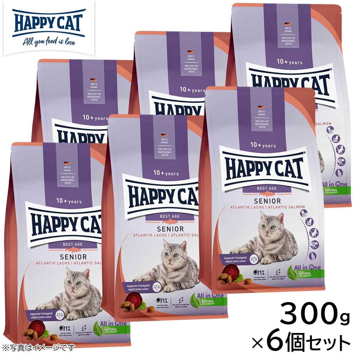 HAPPY CAT ハッピーキャット キャットフード シニア アトランティック サーモン 300g×6個セット【送料無料】 無添加