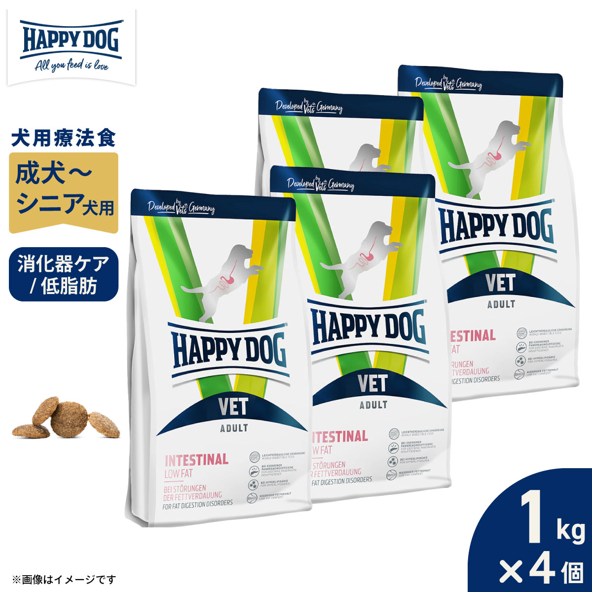 【プレゼント付き】HAPPY DOG VET ハッピードッグ ドッグフード 犬用療法食 インテスティナル ローファット(消化器ケア/低脂肪) 1kg×4個セット【送料無料】 無添加|コジコジ