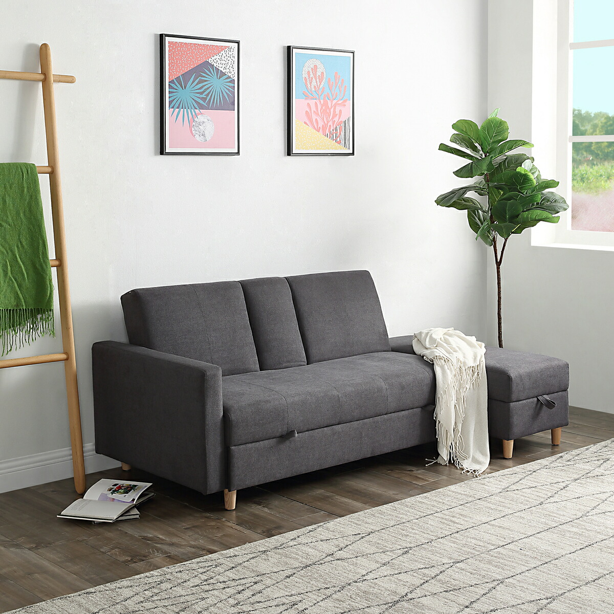 ソファー 3人掛け ソファソファベッド引き出しオットマン おしゃれ 【グレー】 ソファー 3人掛け オットマン おしゃれ 布 北欧 ソファベッド カウチ