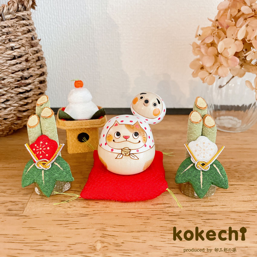 縁起物❣️ひょっとことひょっと猫セット❤️陶器人形、置物、火男、火神様、運気、作家 猫にひょっとこ 赤 正月飾り セット【 縁起物 こけし 】 火男 笑い