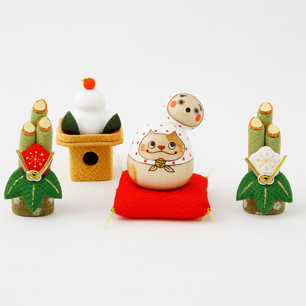 猫にひょっとこ 赤 正月飾り セット【 縁起物 こけし 】 火男 笑い